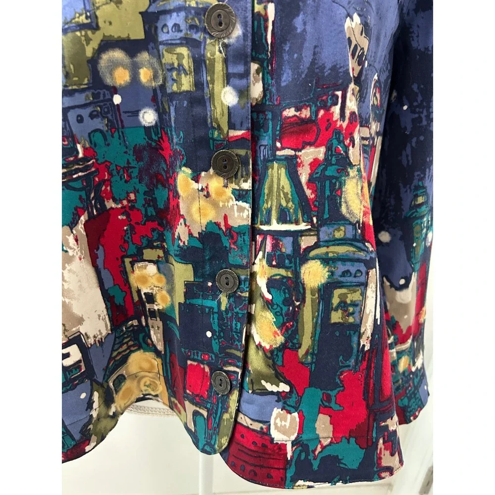 Christopher & Banks Blue Cityscape Print Cotton Button Front Jacket Womens XL